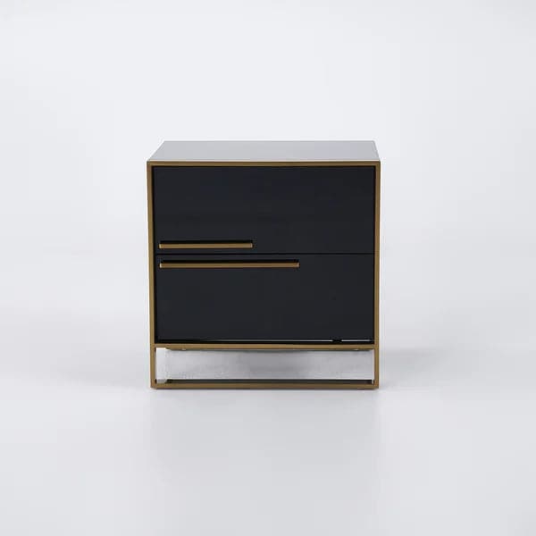 Modern 2 Drawers Black Lacquer Nightstand Square Bedside Table in Gold Left