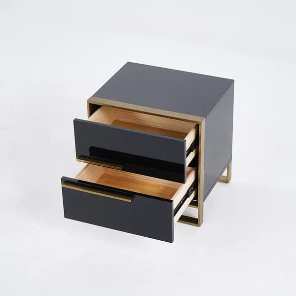 Modern 2 Drawers Black Lacquer Nightstand Square Bedside Table in Gold Left