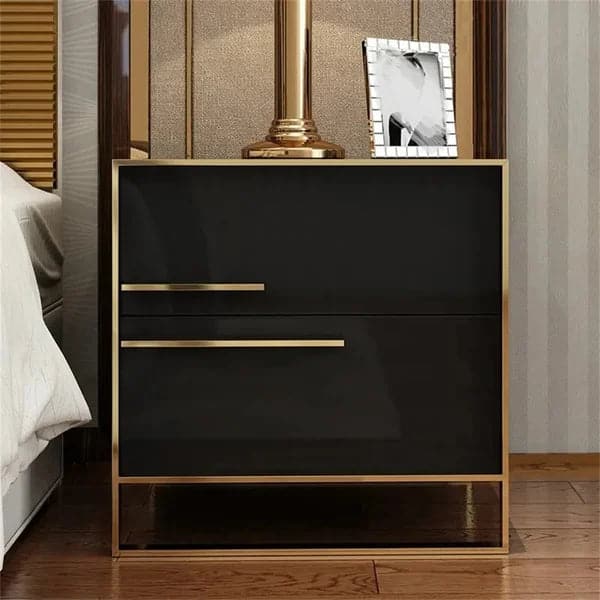 Modern 2 Drawers Black Lacquer Nightstand Square Bedside Table in Gold Left