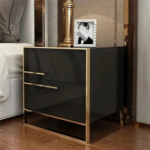 Modern 2 Drawers Black Lacquer Nightstand Square Bedside Table in Gold Left