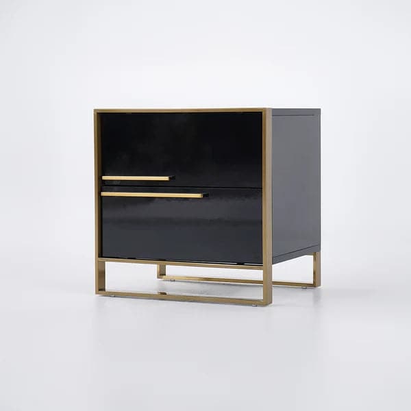 Modern 2 Drawers Black Lacquer Nightstand Square Bedside Table in Gold Left