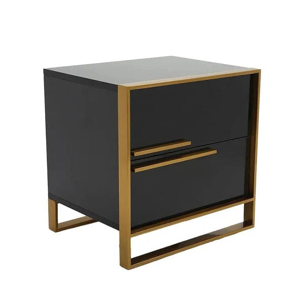 Modern 2 Drawers Black Lacquer Nightstand Square Bedside Table in Gold Left