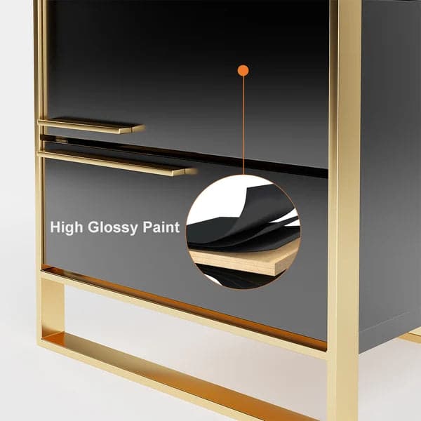 Modern 2 Drawers Black Lacquer Nightstand Square Bedside Table in Gold Left