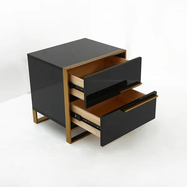 Modern 2 Drawers Black Lacquer Nightstand in Gold