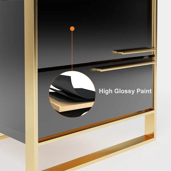 Modern 2 Drawers Black Lacquer Nightstand in Gold