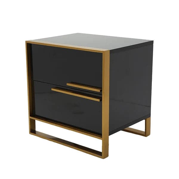 Modern 2 Drawers Black Lacquer Nightstand in Gold