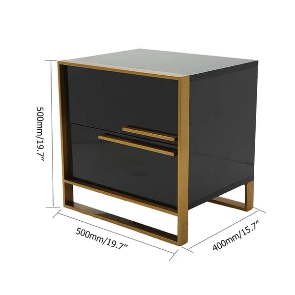 Modern 2 Drawers Black Lacquer Nightstand in Gold