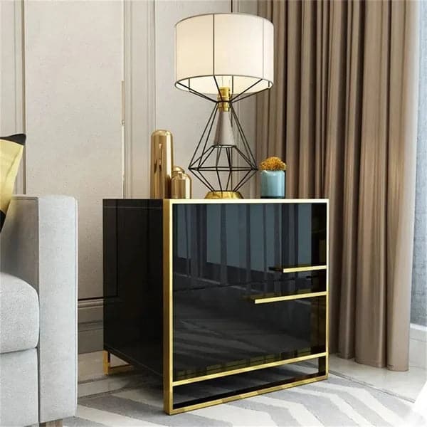 Modern 2 Drawers Black Lacquer Nightstand in Gold