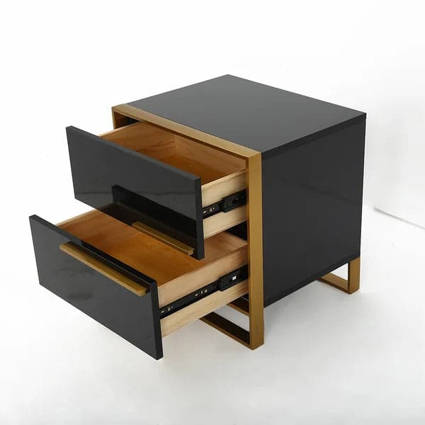 Modern 2 Drawers Black Lacquer Nightstand in Gold