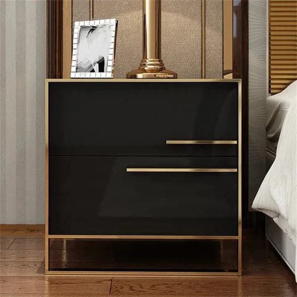 Modern 2 Drawers Black Lacquer Nightstand in Gold