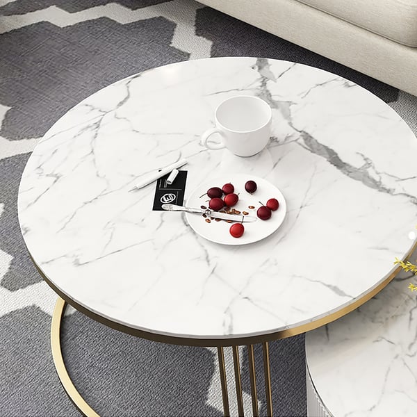 Modern 2 Pieces White Round Nesting Wooden Coffee Table with Drawers Sintered Stone Top