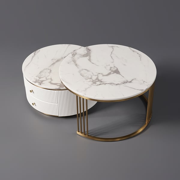 Table basse ronde moderne en bois gigogne, 2 pièces, blanche, avec tiroirs, dessus en pierre frittée