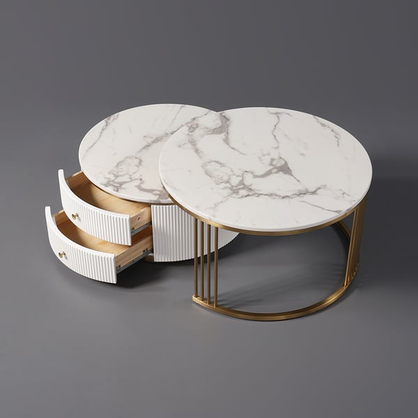 Table basse ronde moderne en bois gigogne, 2 pièces, blanche, avec tiroirs, dessus en pierre frittée