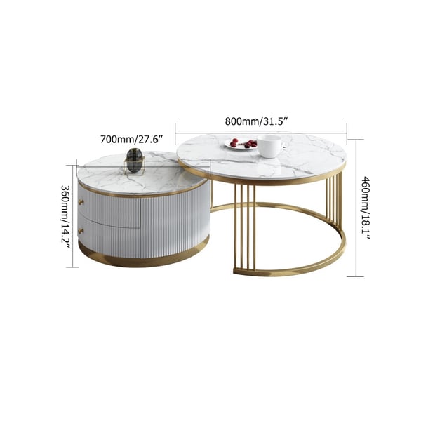 Table basse ronde moderne en bois gigogne, 2 pièces, blanche, avec tiroirs, dessus en pierre frittée