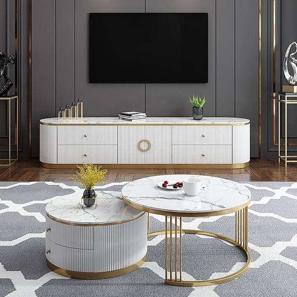 Modern 2 Pieces White Round Nesting Wooden Coffee Table with Drawers Sintered Stone Top