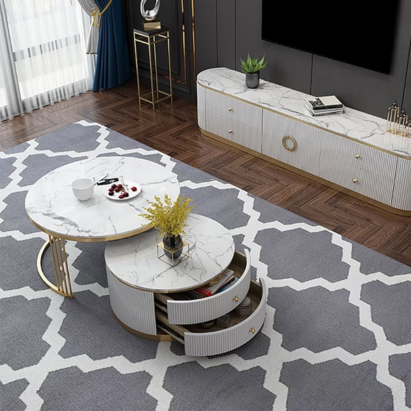 Modern 2 Pieces White Round Nesting Wooden Coffee Table with Drawers Sintered Stone Top