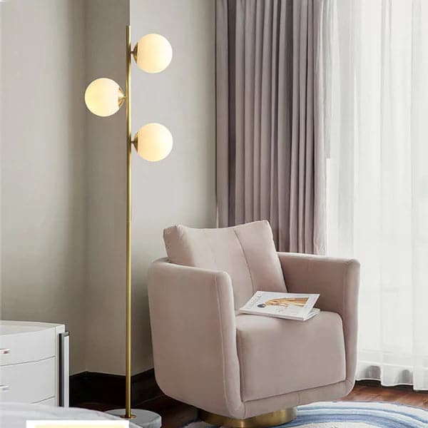 Modern 3-Light Gold Tree Floor Lamp White Glass Globe Shade Marble Base