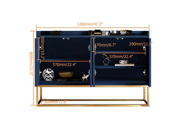 Armoire de cuisine de rangement buffet bleu moderne de 47 po avec 4 portes en or