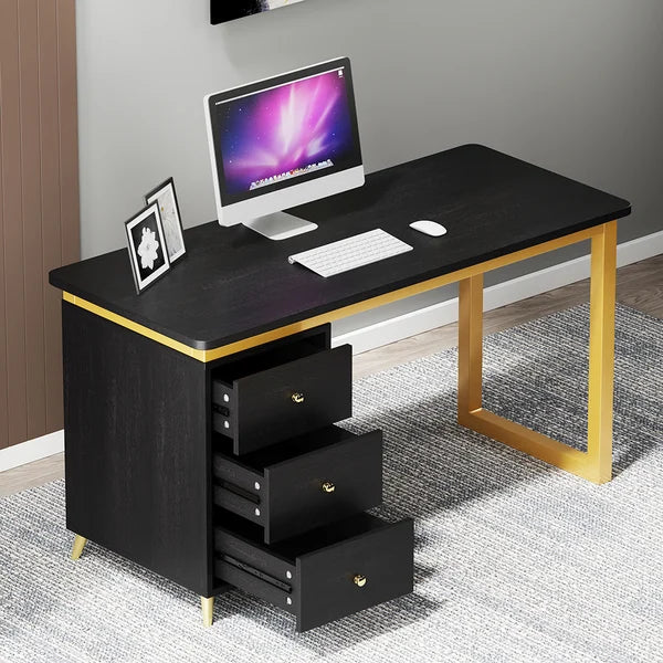 Modern Wooden Home Office White/Black Computer Desk with 3 Drawers & Side Cabinet in Gold#Black-S