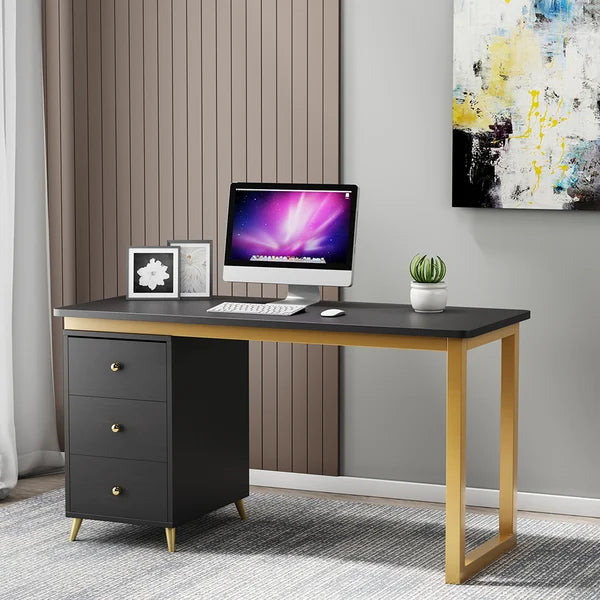 Modern Wooden Home Office White/Black Computer Desk with 3 Drawers & Side Cabinet in Gold#Black-S