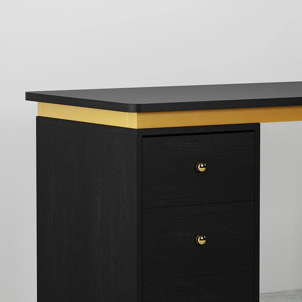 Modern Wooden Home Office White/Black Computer Desk with 3 Drawers & Side Cabinet in Gold#Black-S