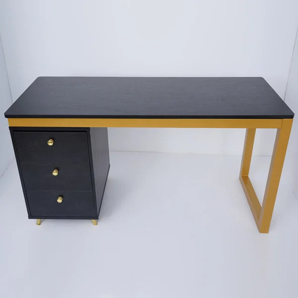 Modern Wooden Home Office White/Black Computer Desk with 3 Drawers & Side Cabinet in Gold#Black-S