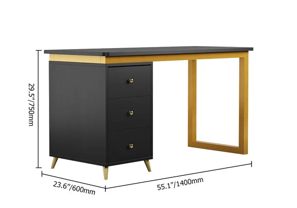 Modern Wooden Home Office White/Black Computer Desk with 3 Drawers & Side Cabinet in Gold#Black-S