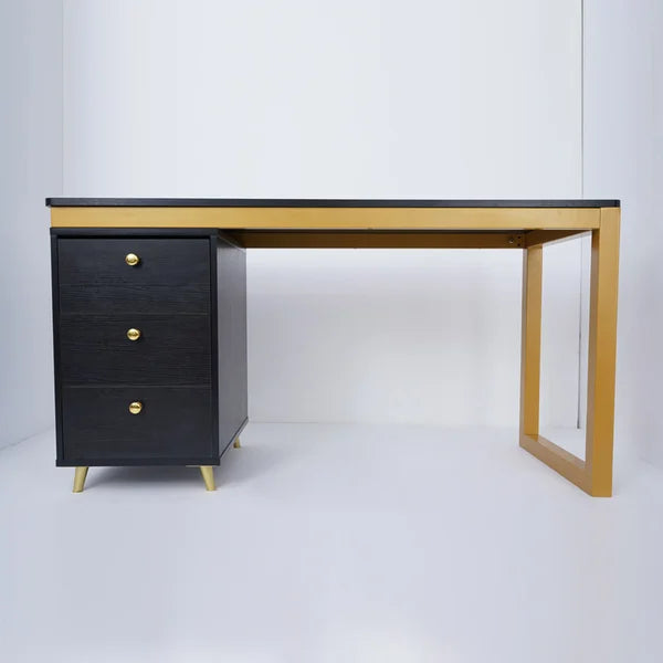 Modern Wooden Home Office White/Black Computer Desk with 3 Drawers & Side Cabinet in Gold#Black-S