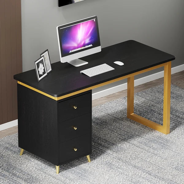 Modern Wooden Home Office White/Black Computer Desk with 3 Drawers & Side Cabinet in Gold#Black-S