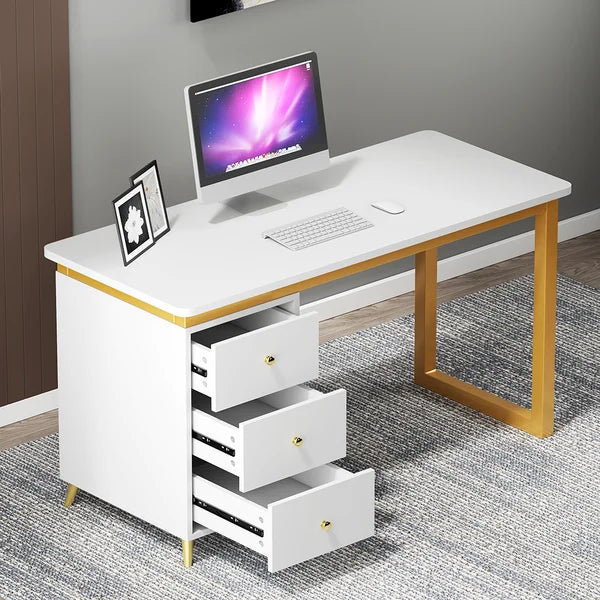 Modern Wooden Home Office White/Black Computer Desk with 3 Drawers & Side Cabinet in Gold#White-S