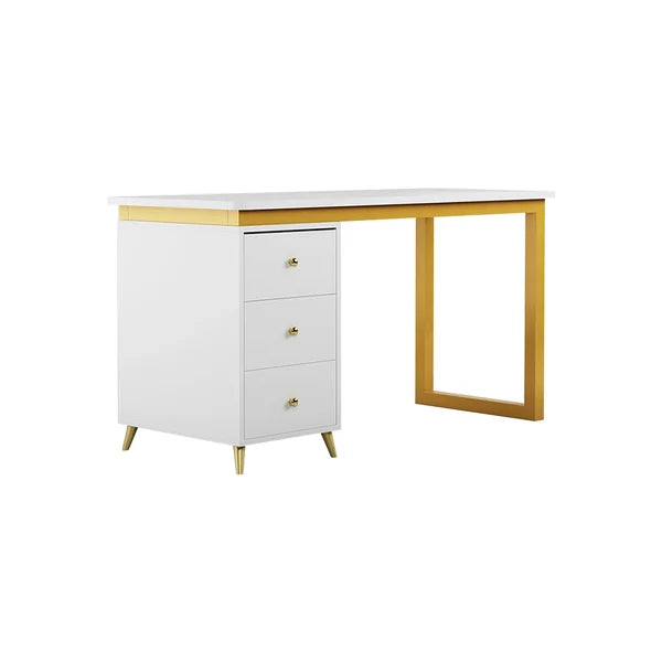 Modern Wooden Home Office White/Black Computer Desk with 3 Drawers & Side Cabinet in Gold#White-S