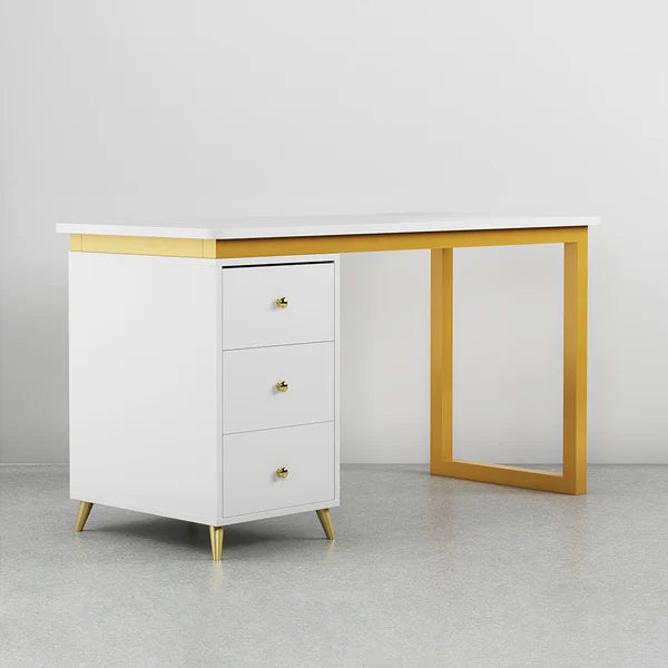 Modern Wooden Home Office White/Black Computer Desk with 3 Drawers & Side Cabinet in Gold#White-S