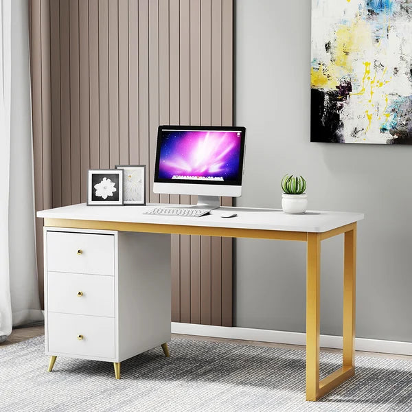 Modern Wooden Home Office White/Black Computer Desk with 3 Drawers & Side Cabinet in Gold#White-S