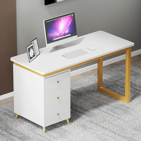 Modern Wooden Home Office White/Black Computer Desk with 3 Drawers & Side Cabinet in Gold#White-S