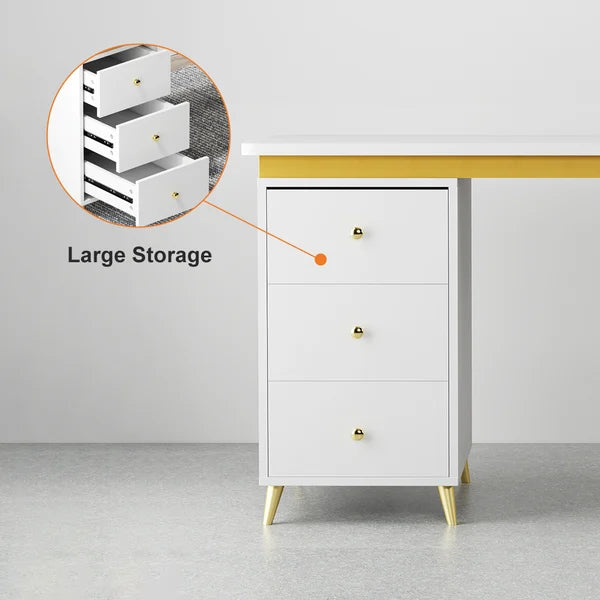 Modern Wooden Home Office White/Black Computer Desk with 3 Drawers & Side Cabinet in Gold#White-S