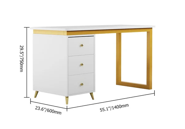 Modern Wooden Home Office White/Black Computer Desk with 3 Drawers & Side Cabinet in Gold#White-S