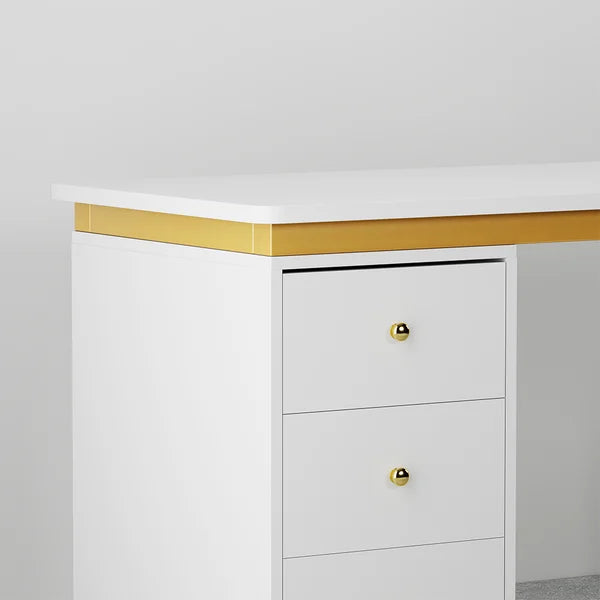 Modern Wooden Home Office White/Black Computer Desk with 3 Drawers & Side Cabinet in Gold#White-S