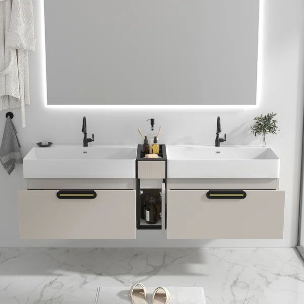 Ensemble de meuble-lavabo flottant moderne de 63 po, meuble-lavabo mural à double lavabo en beige