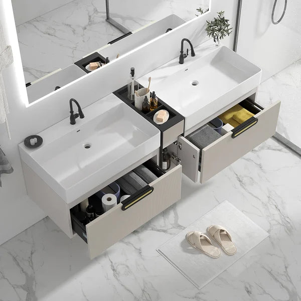 Ensemble de meuble-lavabo flottant moderne de 63 po, meuble-lavabo mural à double lavabo en beige