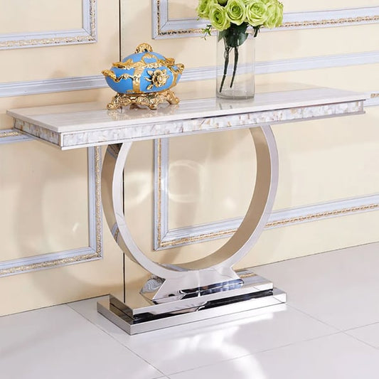 Table console rectangulaire moderne de 63 po avec plateau en pierre frittée et base chromée