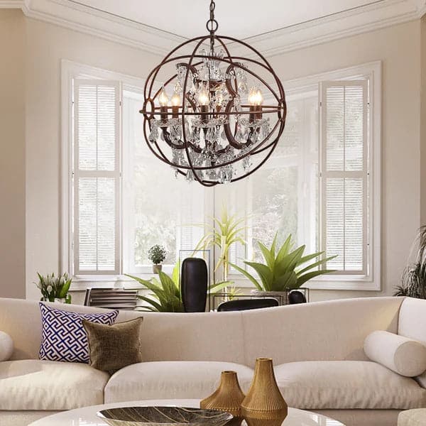 Modern 6 Lights Clear Crystal Rust Metal Orb Chandelier