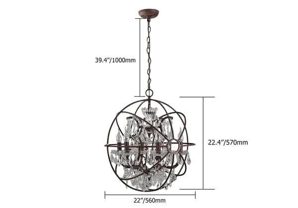 Lustre moderne en orbe en métal rouillé et cristal clair à 6 lumières