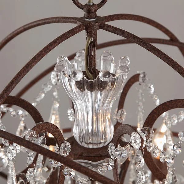 Lustre moderne en orbe en métal rouillé et cristal clair à 6 lumières