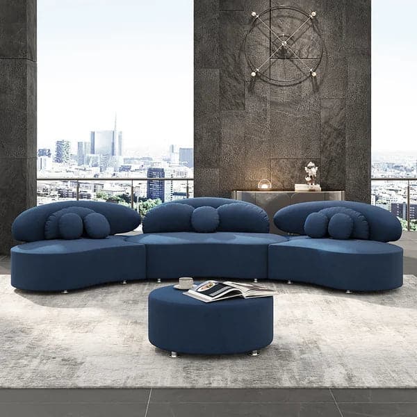 Modern 7-Seat Sofa Curved Sectional Modular Blue Velvet Upholstered with Ottoman