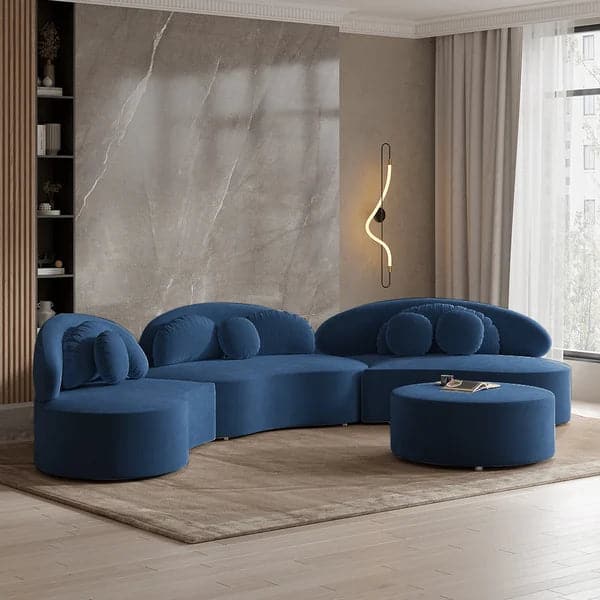 Modern 7-Seat Sofa Curved Sectional Modular Blue Velvet Upholstered with Ottoman