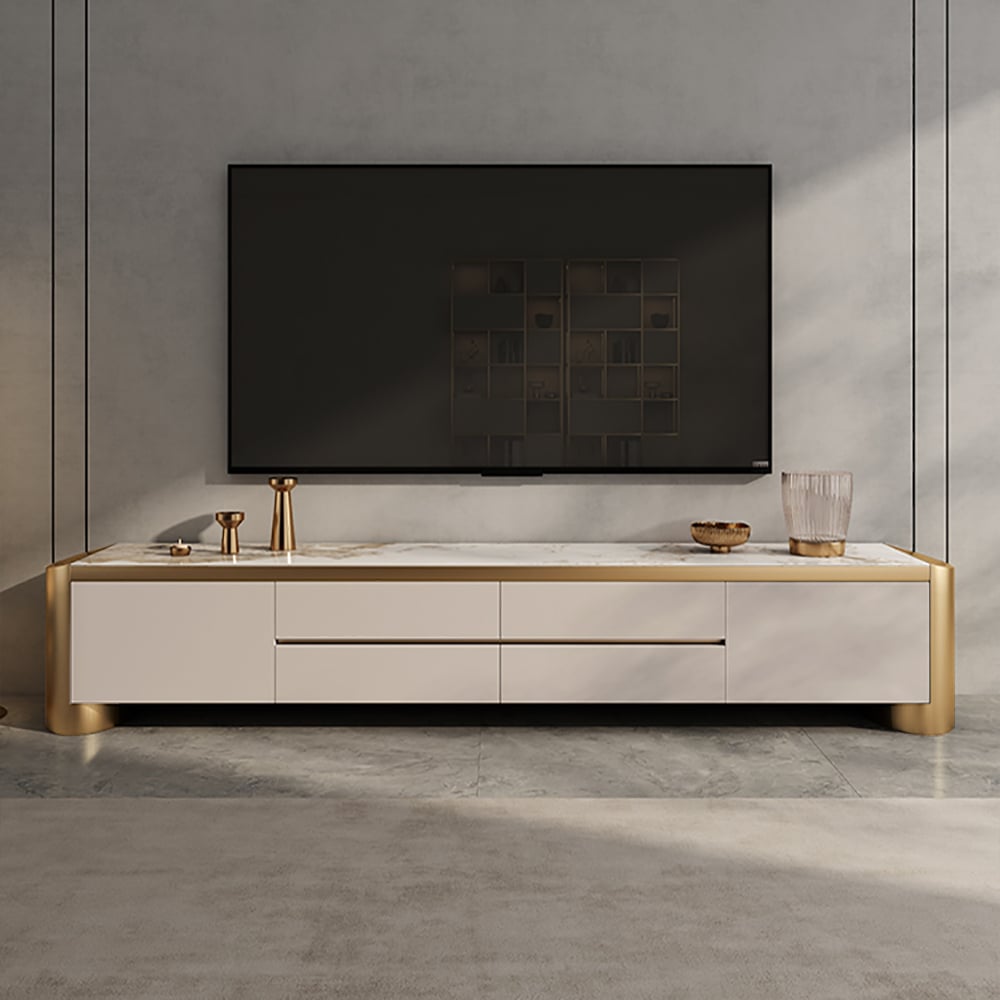 Modern 78.7" Off White & Gold TV Stand Sintered Stone Top with Storage for TVs up to 85"