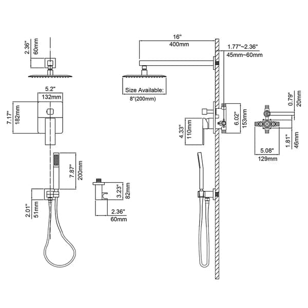 Modern 12 Inch Wall Mounted Shower System with Handheld Shower Pressure Balance Valve