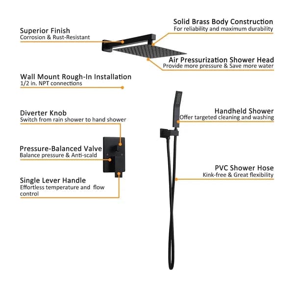Modern 12 Inches Wall Mounted Shower System with Handheld Shower Pressure Balance Valve