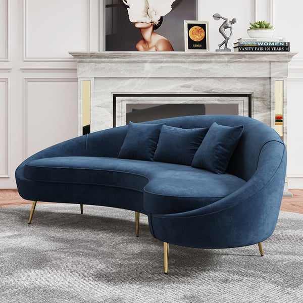 Modern 95 Inch Blue Velvet Curved 3 Seaters Sofa for Living Room