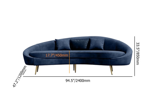 Modern 95 Inch Blue Velvet Curved 3 Seaters Sofa for Living Room